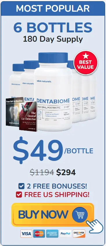 DentaBiome 6 bottle best value package — 180 day supply with 2 free bonus guides and free US shipping